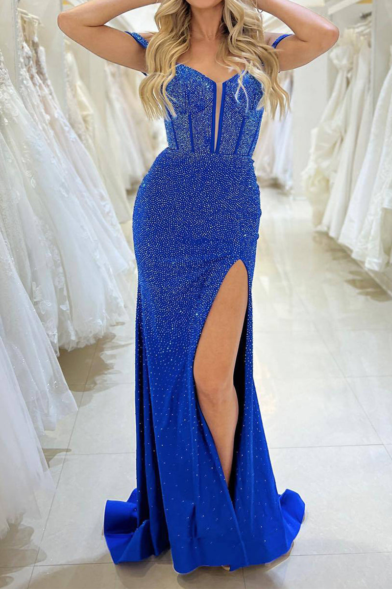 Queendancer Women Royal Blue Long Formal Dress Glitter Mermaid Corset