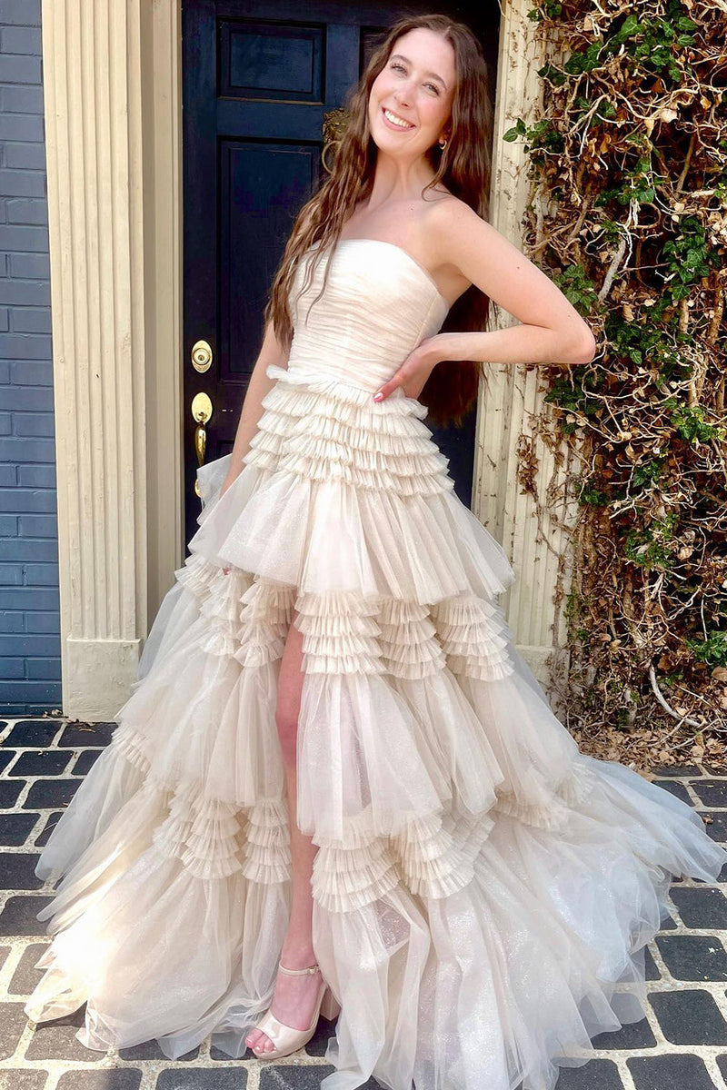 Load image into Gallery viewer, Glitter Beige Strapless Tulle Long Tiered Formal Dress with Slit