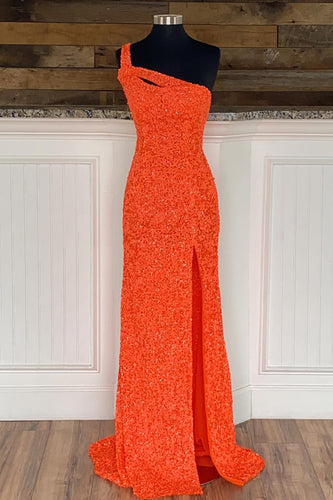 Sheath One Shoulder Orange Sequins Long Formal Dress