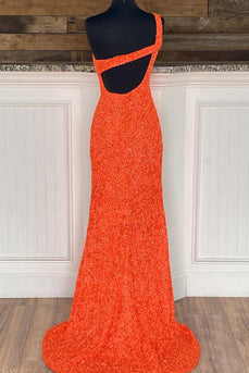 Sheath One Shoulder Orange Sequins Long Formal Dress