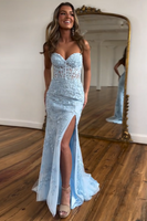 Load image into Gallery viewer, Sweetheart Light Blue Corset Long Lace Formal Dress with Slit