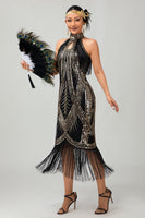 Load image into Gallery viewer, Sparkly Black Golden Halter Sequins Flapper Dress with Fringes