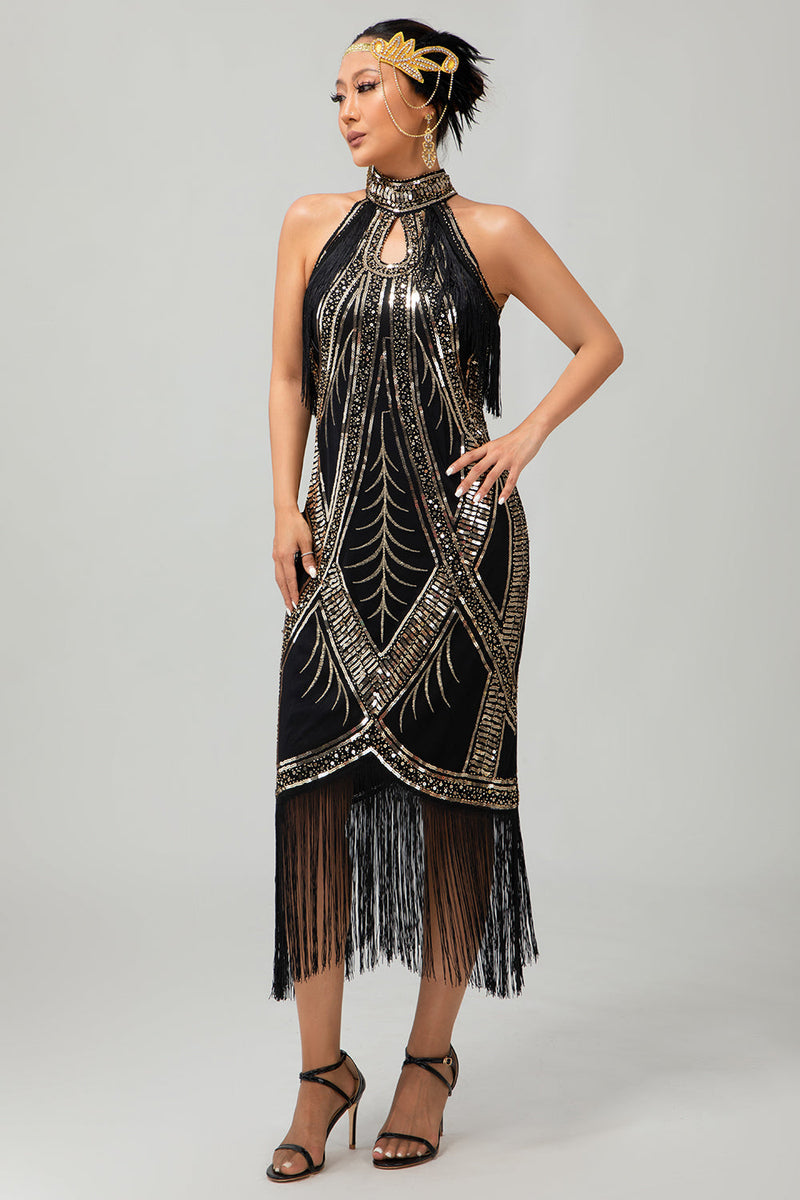 Queendancer Women Sparkly Black Fringed Flapper Dress with Sequins