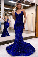 Load image into Gallery viewer, Sparkly Royal Blue Lace-Up Back Sequins Mermaid Long Formal Dress