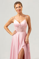 Load image into Gallery viewer, Pink A-Line Spaghetti Straps Satin Corset Long Bridesmaid Dress with Slit