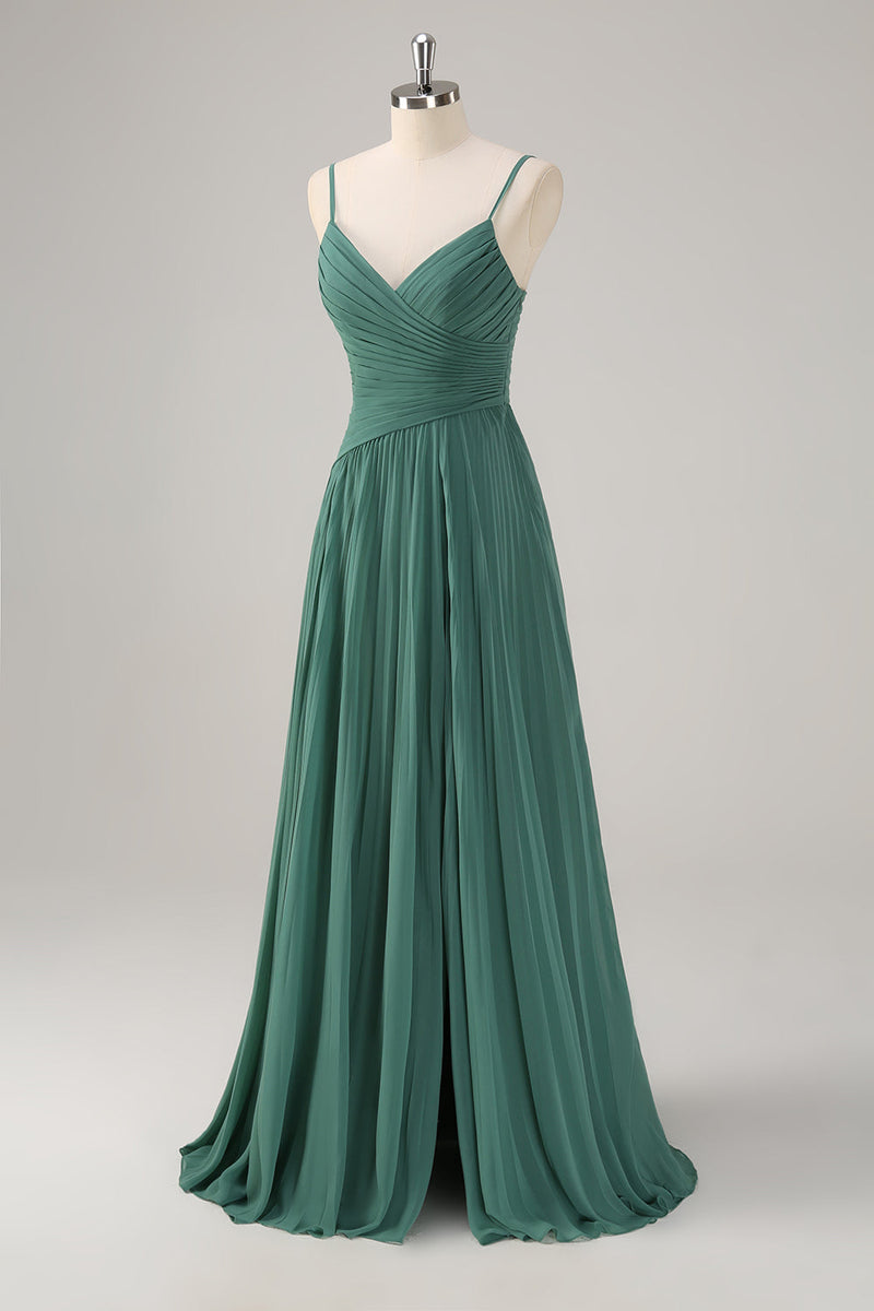 Eucalyptus A-Line Spaghetti Straps Chiffon Pleated Tiered Bridesmaid Dress main image 1