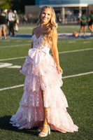 Load image into Gallery viewer, Sparkly White Bowknot Corset Tiered Long Formal Dress with Slit