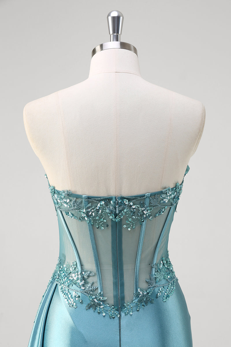 Load image into Gallery viewer, Sparkly Grey Blue Corset Ruched Long Formal Dress with Appliques
