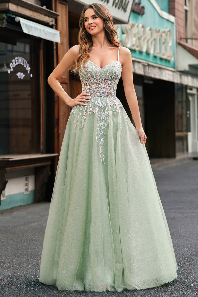 Queendancer Women Sparkly Sage Corset Formal Dress with Slit A Line