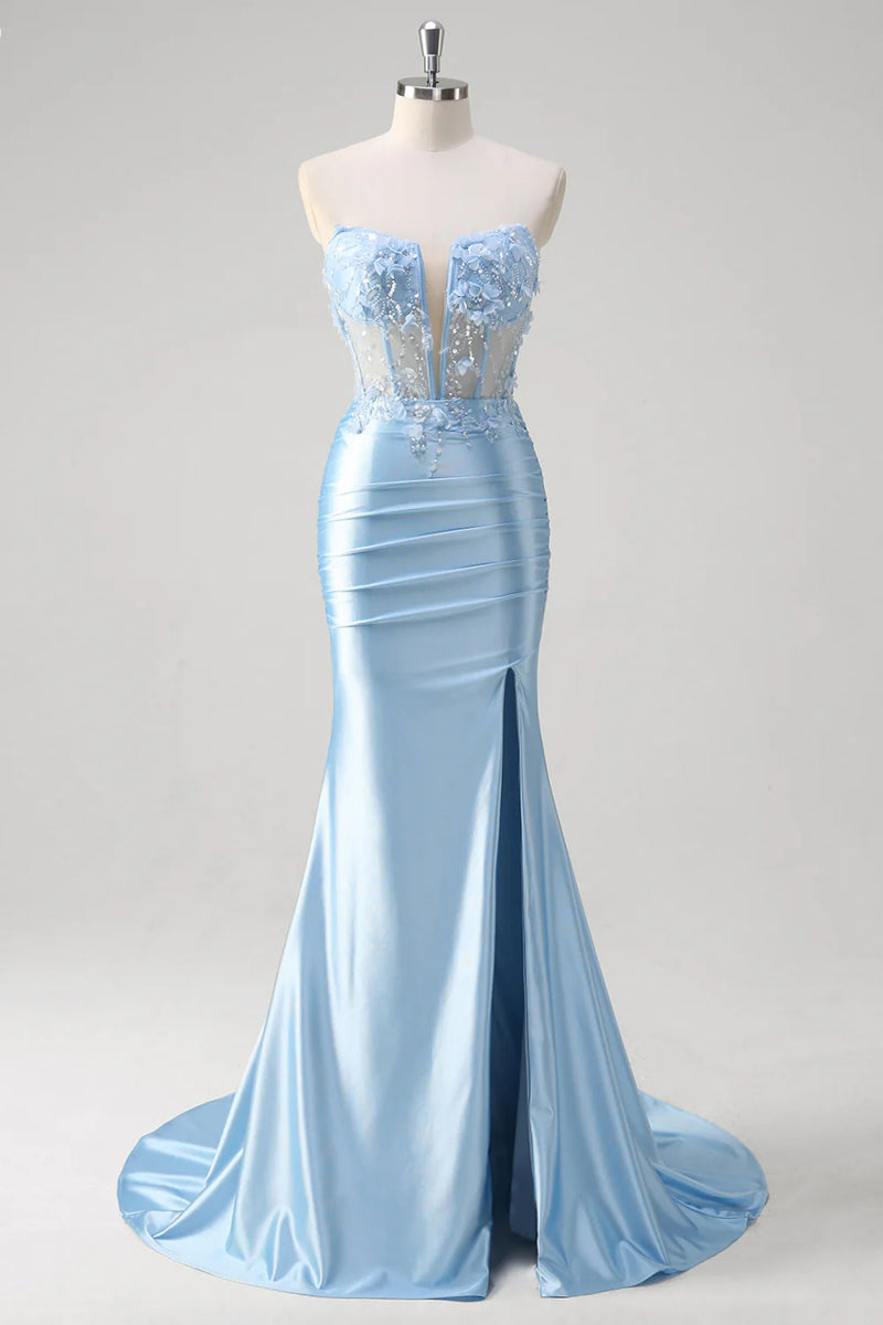 Queendancer Women Floral Blue Corset Formal Dress with 3D Flowers Satin
