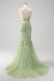 Green Mermaid Corset Appliqued Long Formal Dress With Slit