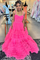 Load image into Gallery viewer, Sparkly Pink Spaghetti Straps Corset Long Formal Dress with Ruffles