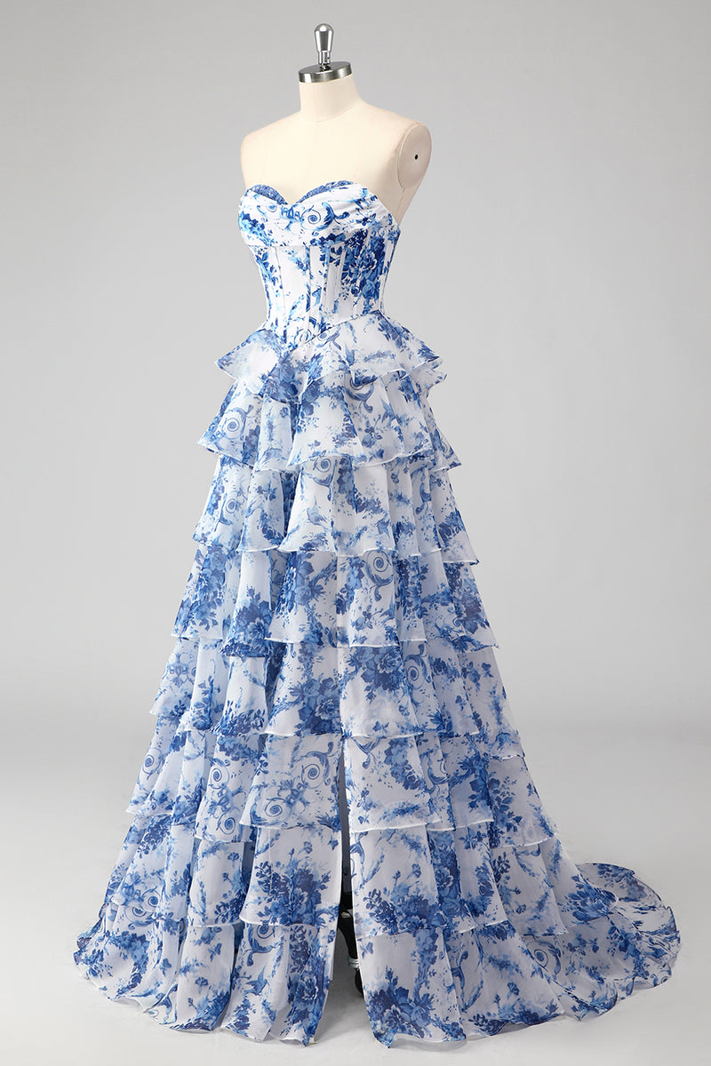 Blush Floral Printed Princess Sweetheart Tiered Long Plus Size Prom Dress