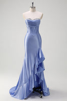 Load image into Gallery viewer, ZAPAKA Women Sparkly Grey Blue Mermaid Long Formal Dress Strapless Sequined Corset Ruffle Satin Evening Dress with Slit