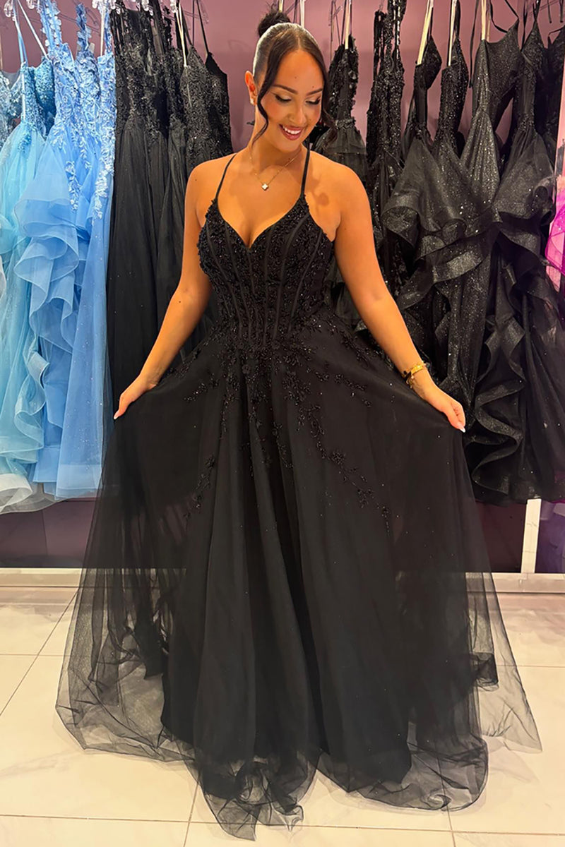 Load image into Gallery viewer, Sparkly Black Beaded Corset A Line Long Formal Dress