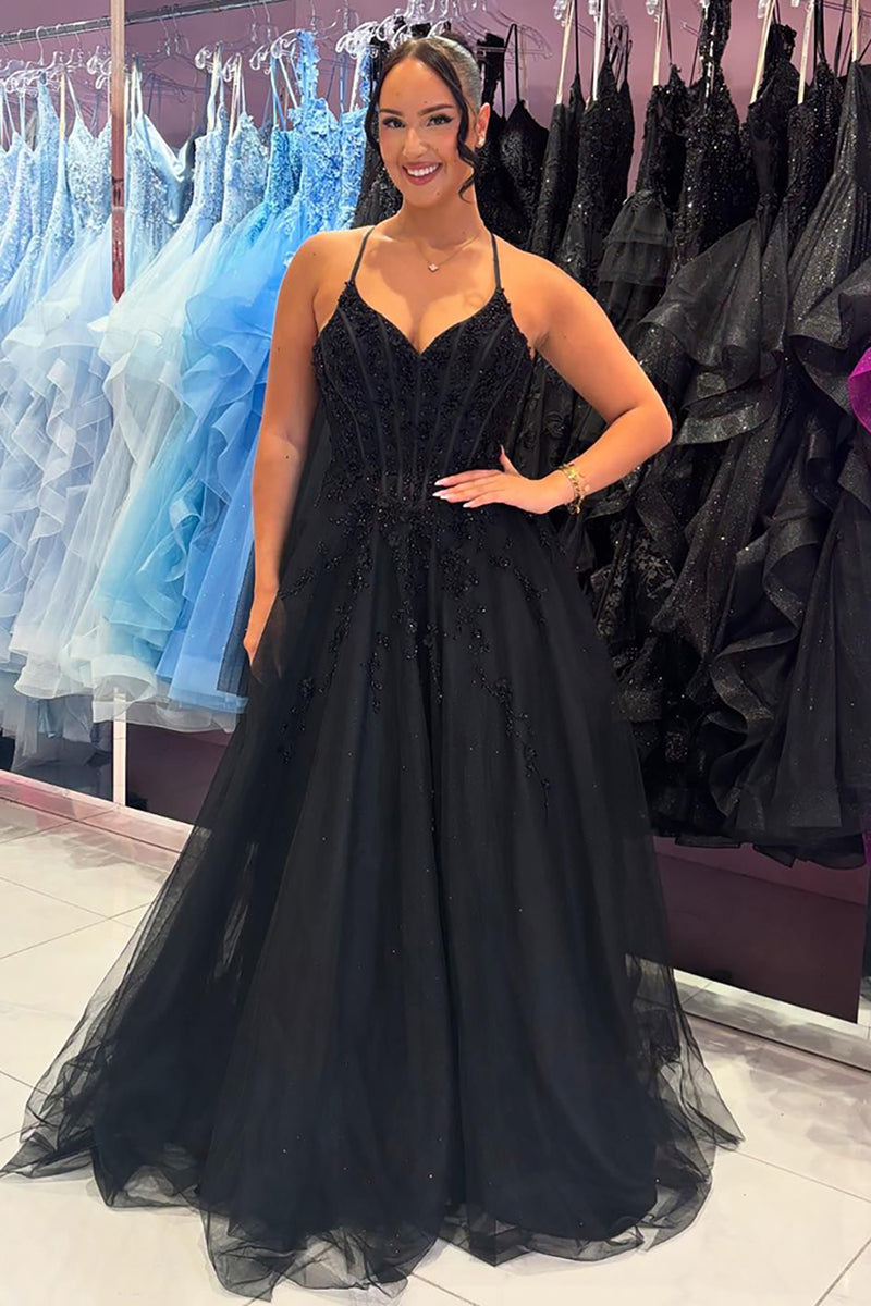 Load image into Gallery viewer, Sparkly Black Beaded Corset A Line Long Formal Dress