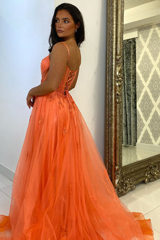 Orange Corset A Line Spaghetti Straps Long Formal Dress