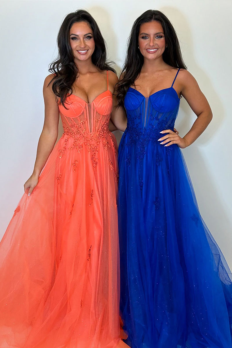 Load image into Gallery viewer, Orange Corset A Line Spaghetti Straps Long Formal Dress