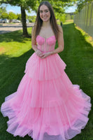 Load image into Gallery viewer, Pink Corset Tiered A-Line Long Formal Dress with Appliques