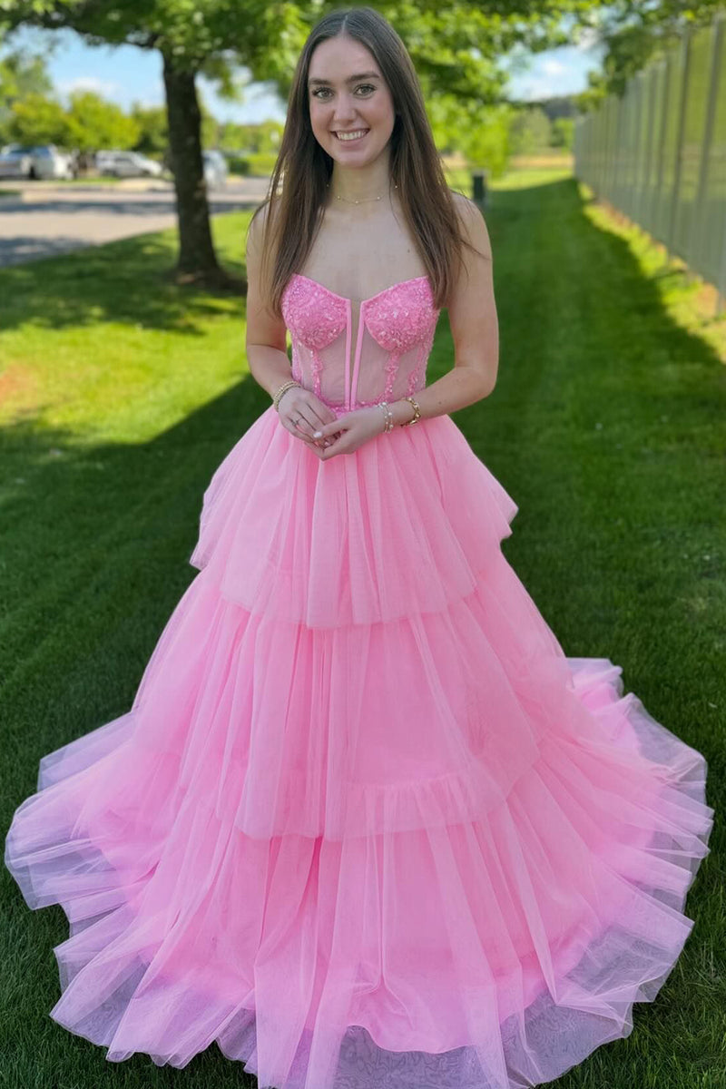 Load image into Gallery viewer, Pink Corset Tiered A-Line Long Formal Dress with Appliques