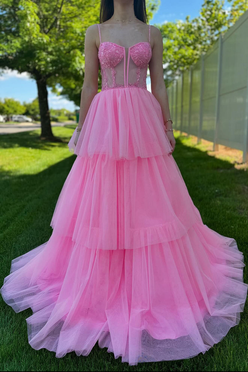 Load image into Gallery viewer, Pink Corset Tiered A-Line Long Formal Dress with Appliques