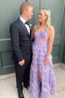 Load image into Gallery viewer, Sparkly Lilac A Line Tiered Long Corset Forma Dress with Slit