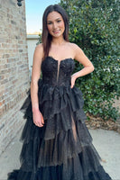 Load image into Gallery viewer, Sparkly Black Floral Strapless Tiered Long Corset Formal Dress with Slit