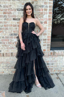 Load image into Gallery viewer, Sparkly Black Floral Strapless Tiered Long Corset Formal Dress with Slit