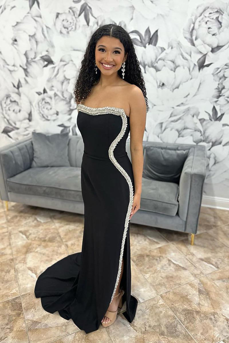 Exquisite Black Strapless Butterfly Beads Long Prom Dress with Fringe Slit VK23121905