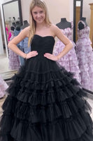 Load image into Gallery viewer, Black Strapless A Line Tiered Long Tulle Formal Dress