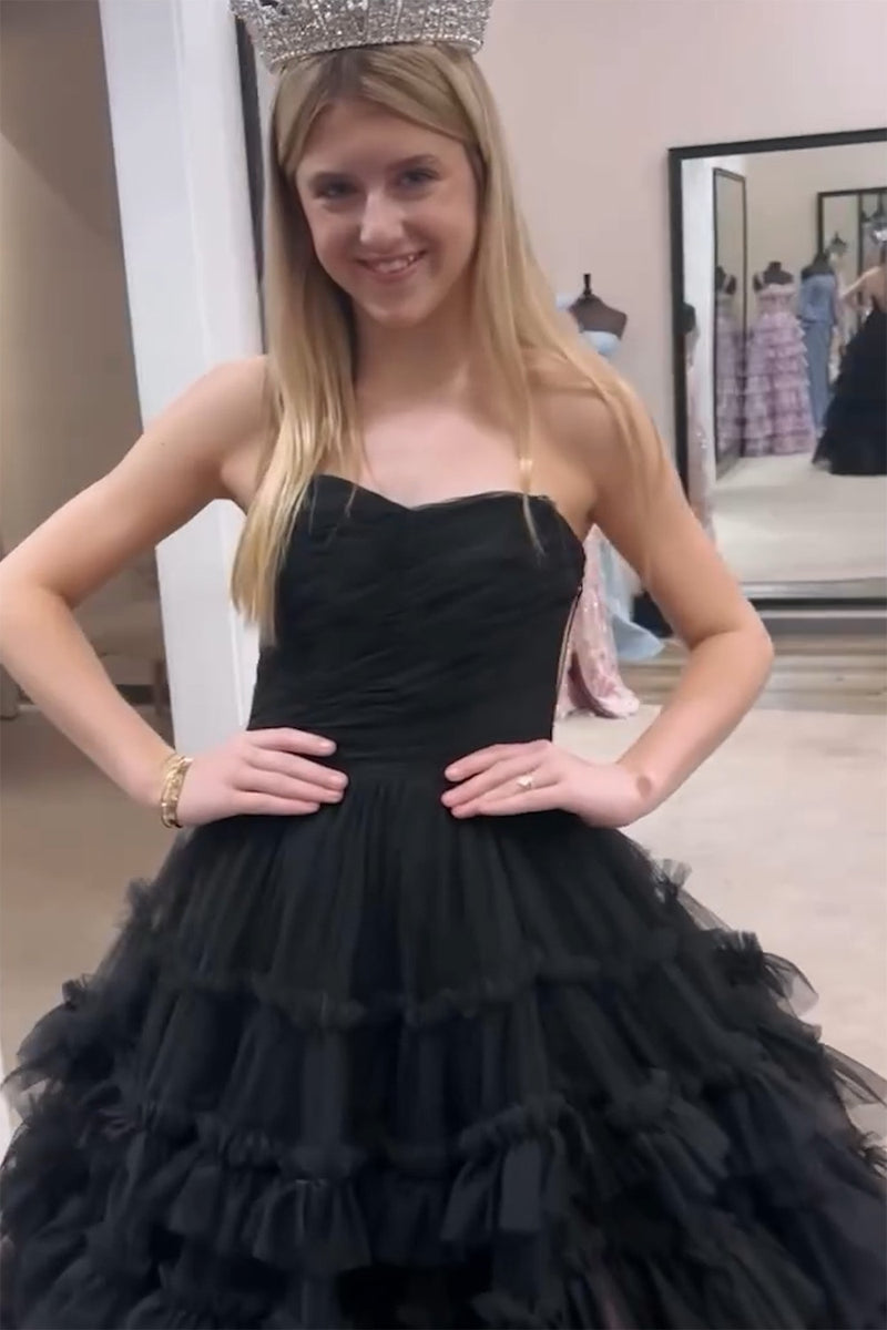 Load image into Gallery viewer, Black Strapless A Line Tiered Long Tulle Formal Dress