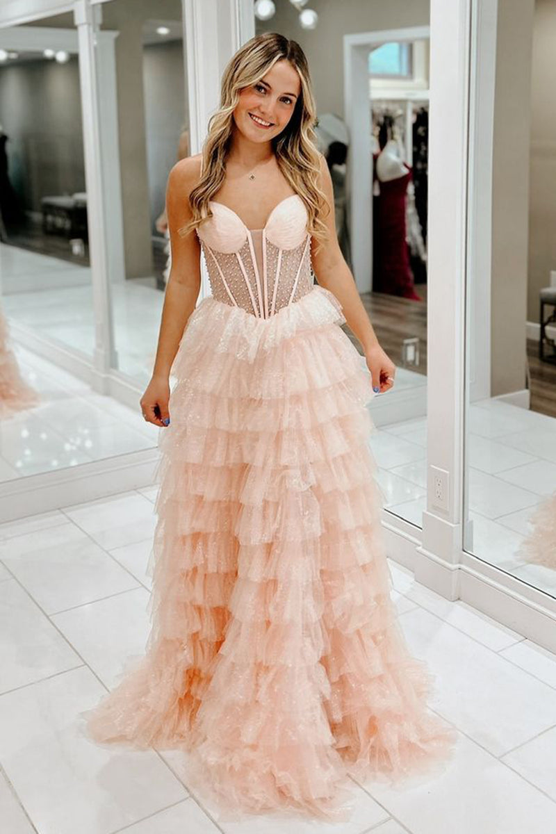 Load image into Gallery viewer, Sparkly Pink Corset A Line Tiered Long Tulle Formal Dress