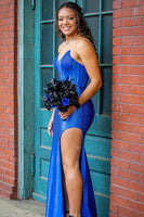 Load image into Gallery viewer, Sparkly Royal Blue Corset Beaded Satin Formal Dress with Slit