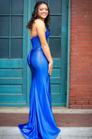 Load image into Gallery viewer, Sparkly Royal Blue Corset Beaded Satin Formal Dress with Slit