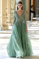 Load image into Gallery viewer, Sparkly Sage Floral V-Neck A-Line Long Formal Dress with Sleeves