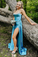 Load image into Gallery viewer, Blue Spaghetti Straps Satin Corset Fromal Dress with Slit