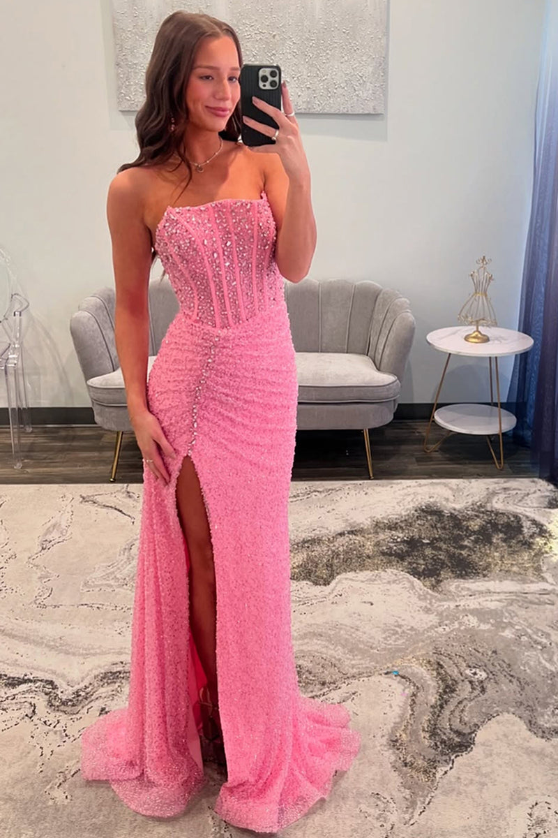 Queendancer Women Sparkly Pink Sequin Corset Formal Dress with Slit