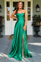 Load image into Gallery viewer, Royal Blue Satin A Line Corset Formal Dress with Slit