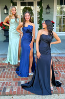 Load image into Gallery viewer, Green Satin Mermaid Long Formal Dress with Slit