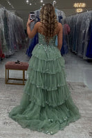 Load image into Gallery viewer, Red Strapless Tulle Tiered Long Formal Dress with Appliques