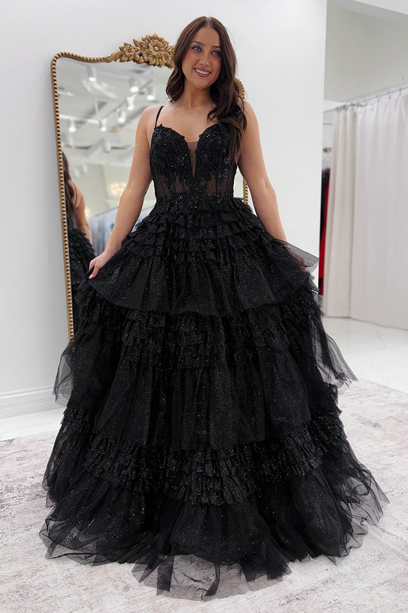 Load image into Gallery viewer, Black Corset A Line Tiered Long Formal Dress with Appliques