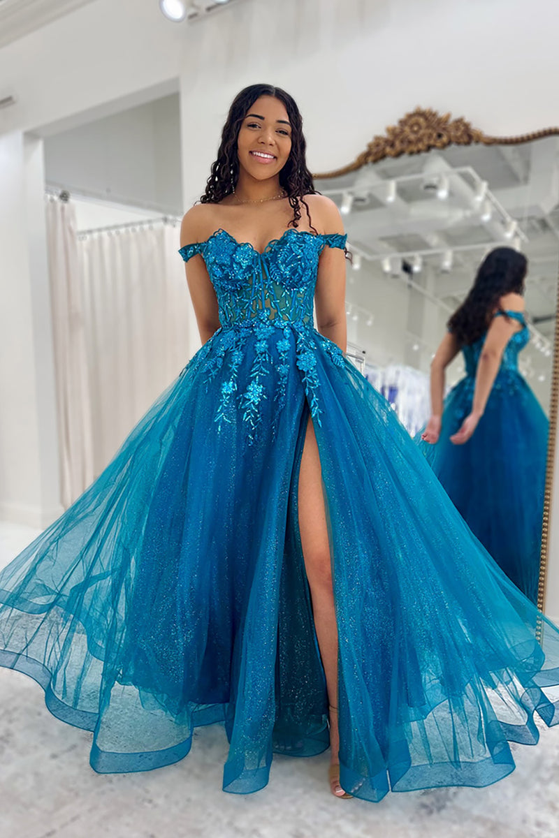 Load image into Gallery viewer, Peacock Blue Corset Tulle Long Formal Dress with Appliques