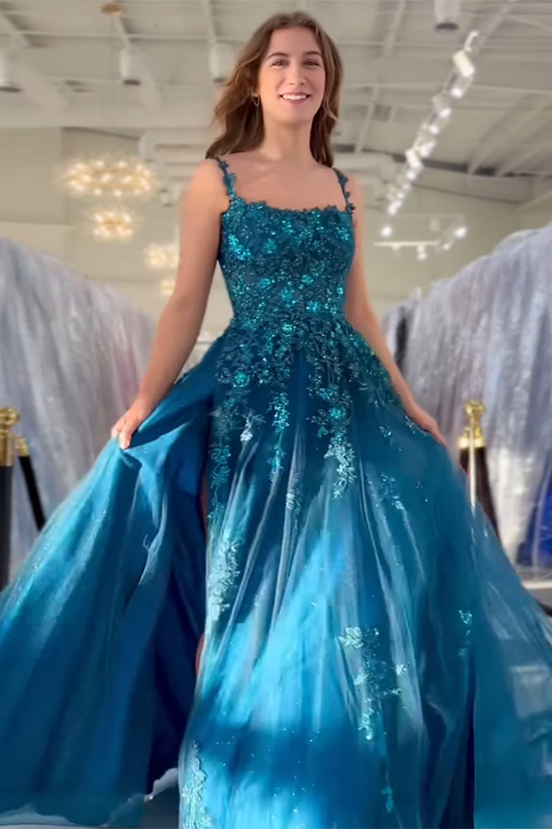 Load image into Gallery viewer, Sparkly Peacock Blue A Line Long Formal Dress with Appliques