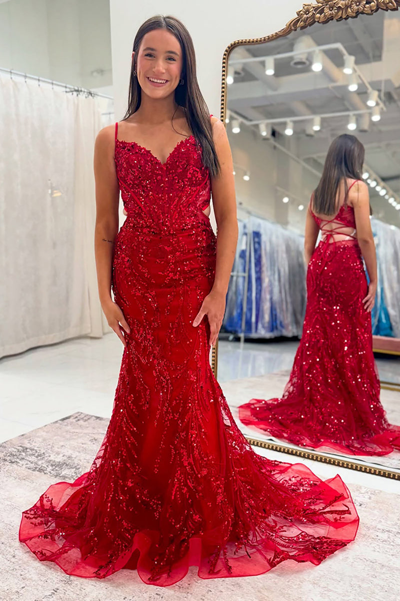 Load image into Gallery viewer, Red Tulle Corset Mermaid Long Formal Dress with Appliques