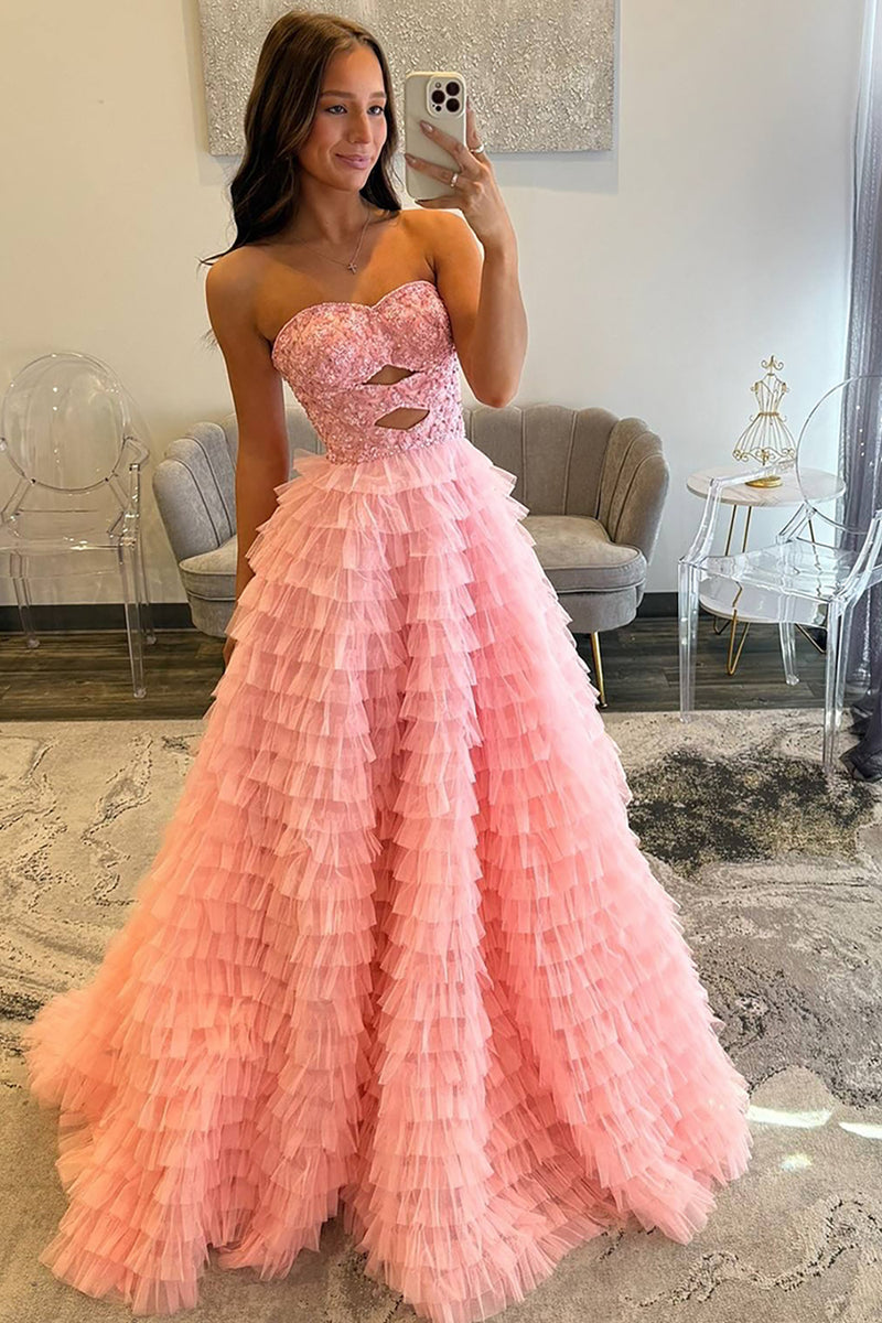 Load image into Gallery viewer, Pink Tiered A Line Long Formal Dress with Appliques