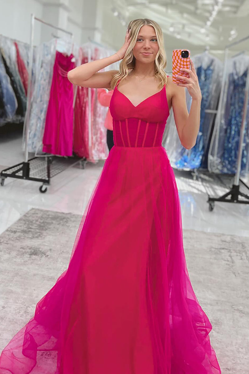 Load image into Gallery viewer, Fuchsia Corset A Line Tulle Long Formal Dress