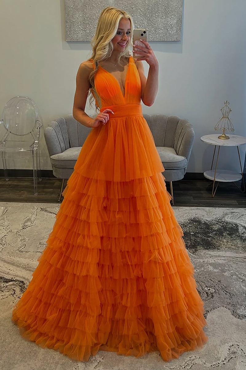 Load image into Gallery viewer, Orange Tiered A Line Tulle Long Formal Dress