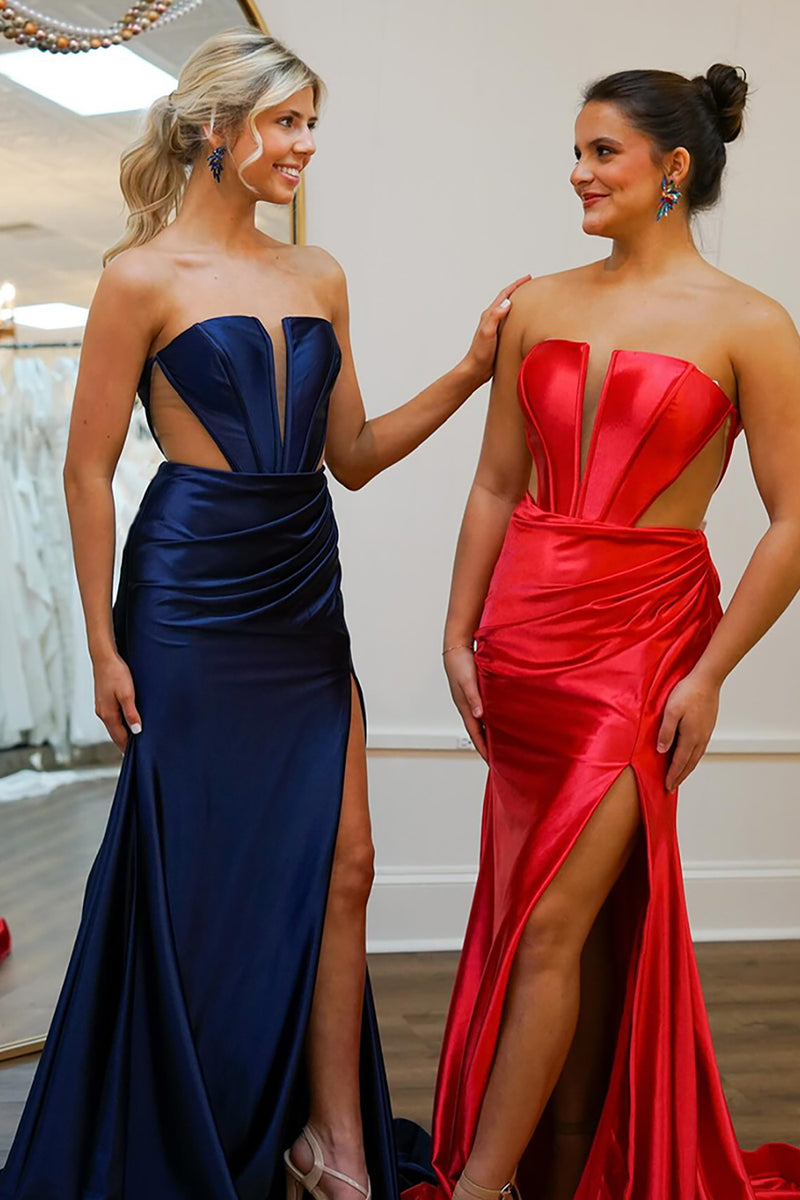 Load image into Gallery viewer, Navy Satin Mermaid Long Formal Dress with Slit