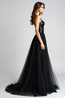 Load image into Gallery viewer, Black A Line Long Tulle Backless Formal Dress with Sequins