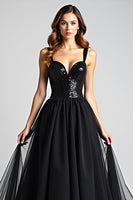 Load image into Gallery viewer, Black A Line Long Tulle Backless Formal Dress with Sequins